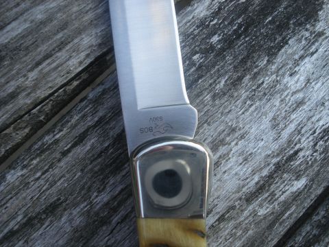 2000 Ford Crown Victoria - Close-up of a knife with a bone handle and metal bolster, set against a textured wooden background.