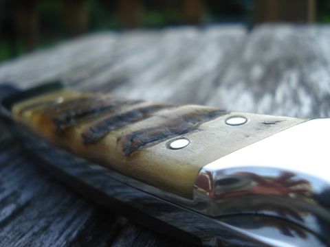 2000 Ford Crown Victoria - A detailed view of a knife handle, highlighting the textured bone scales and polished metal components.
