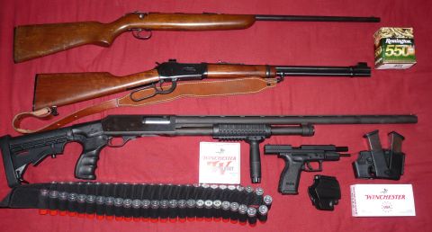 2006 Ford E350 - A collection of firearms and ammunition is laid out on a red background.