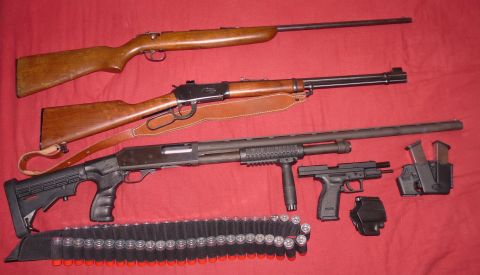 2006 Ford E350 - A collection of firearms, including two rifles and a shotgun, along with a handgun and ammunition, are displayed on a red background.