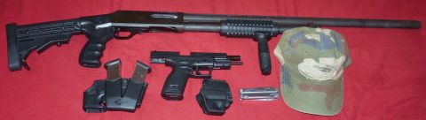 2006 Ford E350 - Collection of firearms and accessories including a shotgun, pistol, and camouflage hat.