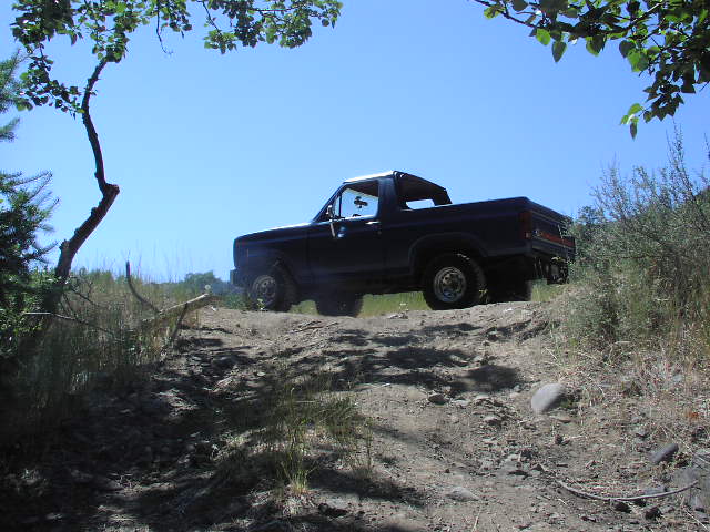 Dark lifted pickup parked on a dirt ridge against blue sky, framed by tree branches