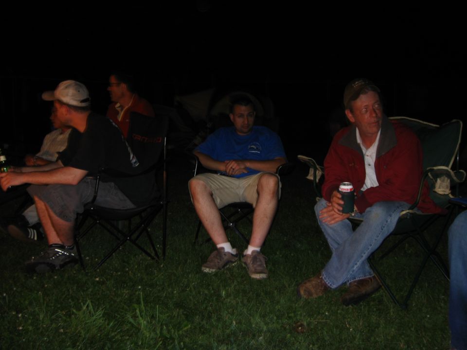 People sitting in camping chairs outdoors at night