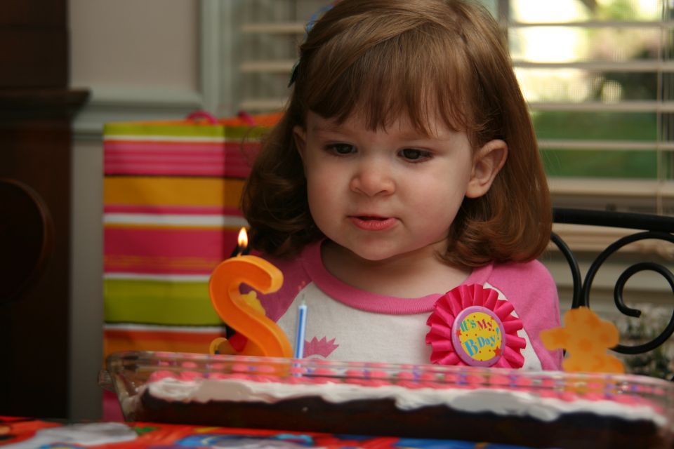 Blowing out her candles.