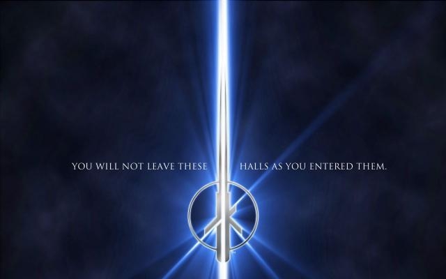 Graphic with a glowing blue sword and a circular symbol, text reads 'YOU WILL NOT LEAVE THESE HALLS AS YOU ENTERED THEM.' Supermotors logo at bottom right