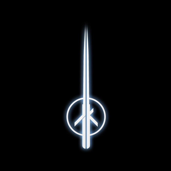 White glowing logo with a circle and a sword-like shape inside, on a black background