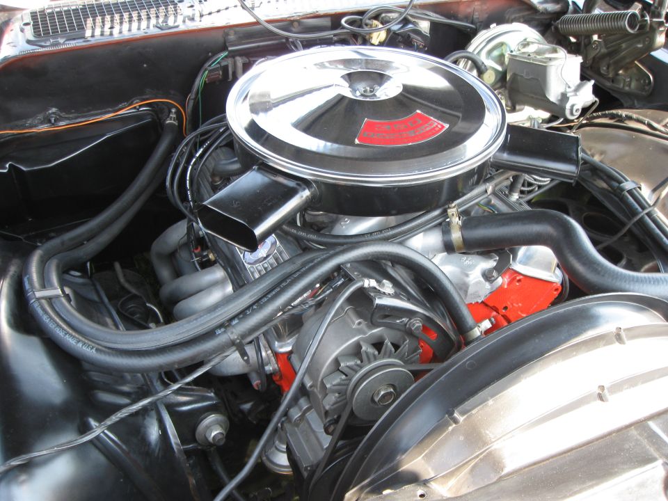 Engine bay with chrome air cleaner and red engine block