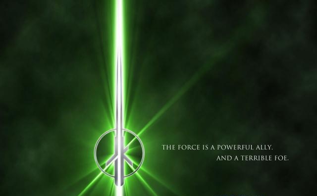 Green lightsaber with a circular hilt against a dark green smoky background