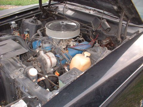 1970 Ford Falcon - The engine bay of a black vehicle, a blue Ford engine and a chrome air cleaner assembly.
