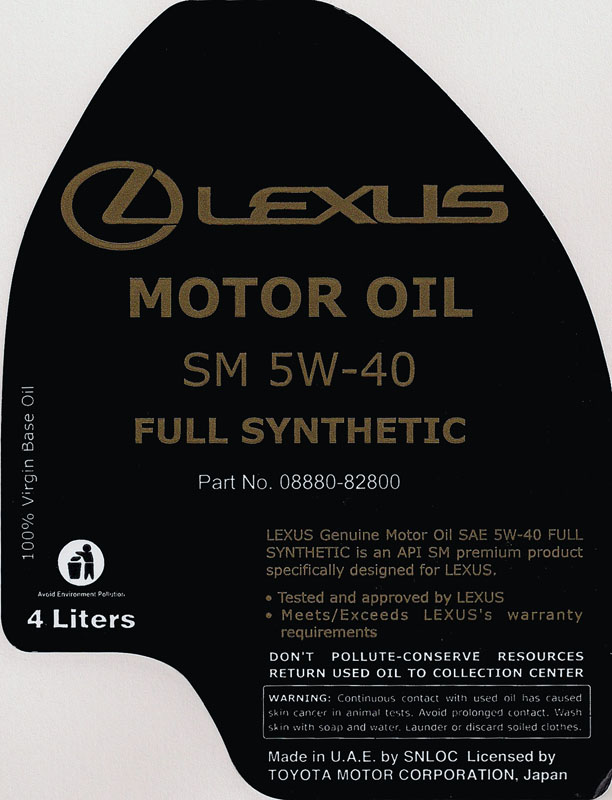 Lexus Motor Oil label with 4 Liters and part number 08880-82800
