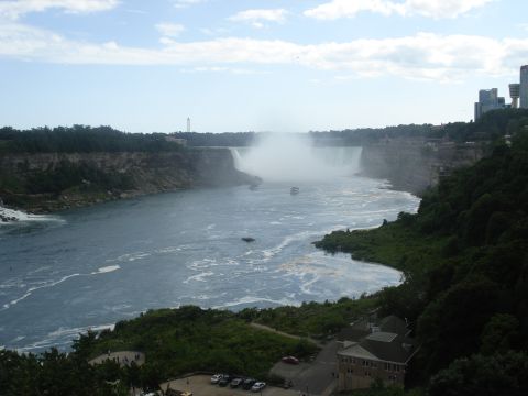 2000 Ford Crown Victoria - Panoramic view of Niagara Falls, including the river, mist, and surrounding landscape with buildings.