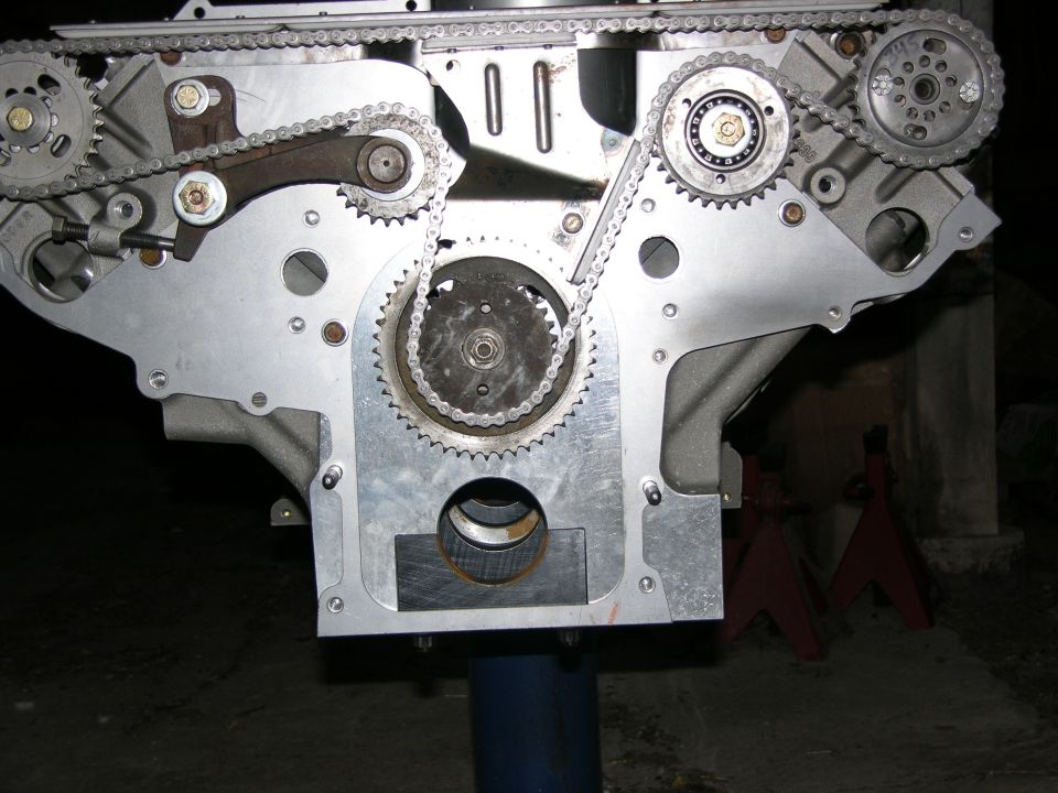 Front of a V8 engine showing long roller cam chain drive and aluminum guides