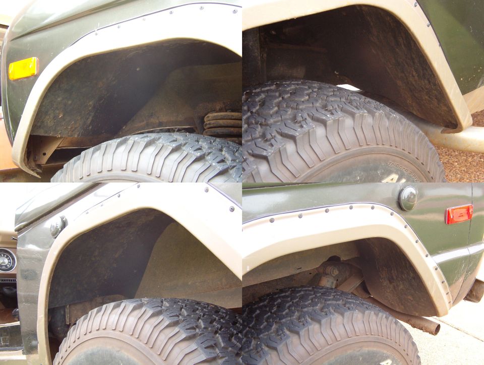 Collage of green truck wheel wells with mud tires and fender flares