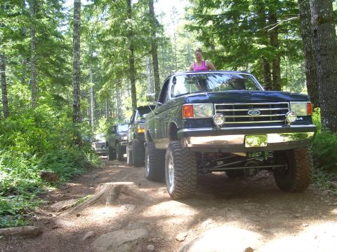 1991 Ford Bronco - A line of lifted Ford Broncos navigates a wooded trail.