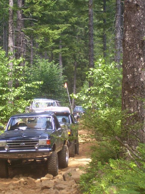 1991 Ford Bronco - Several off-road vehicles, including a dark blue Ford Bronco, navigate a rocky forest trail.