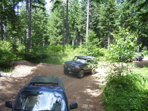 1991 Ford Bronco - A dark blue 1992 Ford Bronco navigates a forest road, with a purple ATV visible in the background.