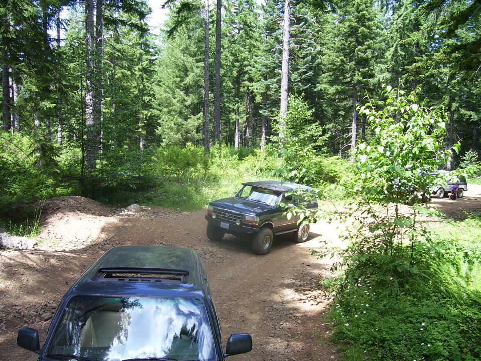 Dark blue 1992 Ford Bronco driving on a dirt road in a forest