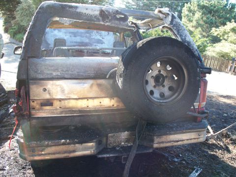1977 Ford F-150 - This vehicle has been severely damaged by fire, showing extensive charring and melted components.