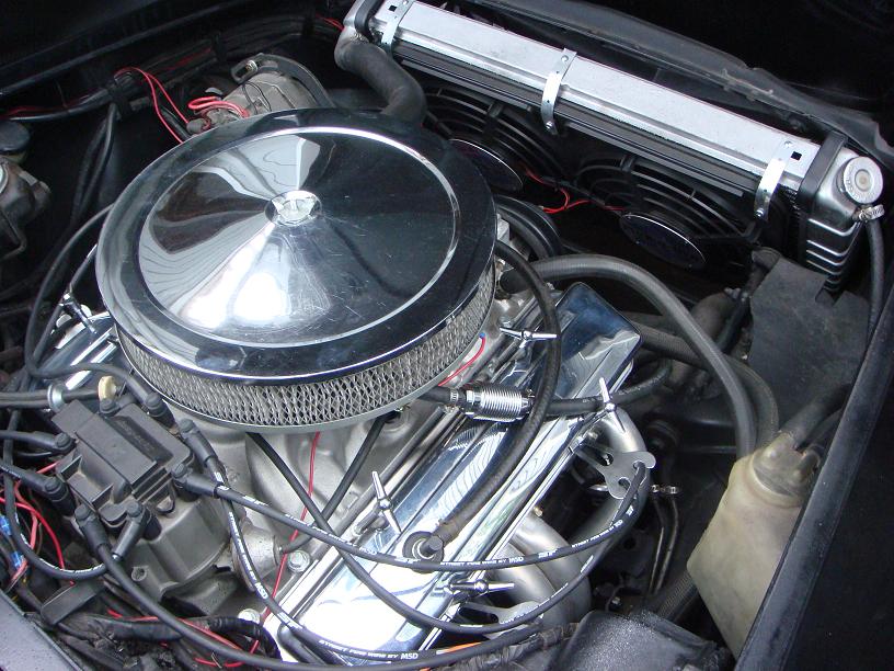 engine bay with chrome air cleaner, dual electric fans, and radiator