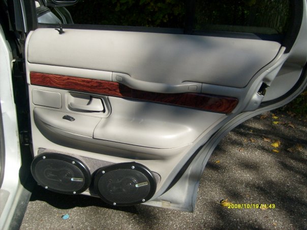 Light-colored car door interior with wood trim and two aftermarket speakers installed below the armrest