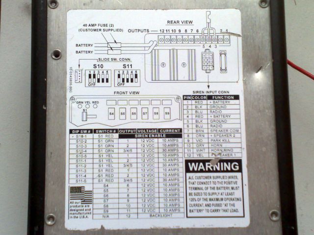 Siren control box label with fuse, DIP-switch and connector pin/function chart