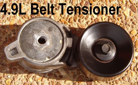4.9L serpentine belt tensioner shown from two angles