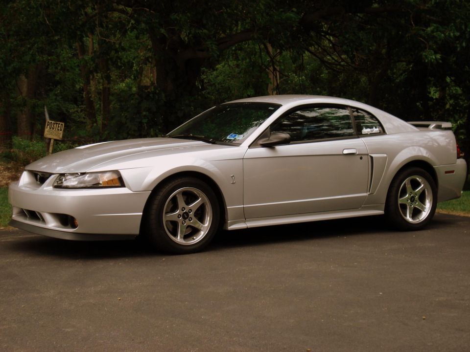 Silver Ford Mustang parked on asphalt, trees in background. Small sticker on rear quarter panel