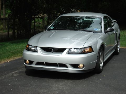 1998 Ford Taurus - This silver 2001 Ford Mustang Cobra is shown from the front 3/4 angle on a paved driveway.