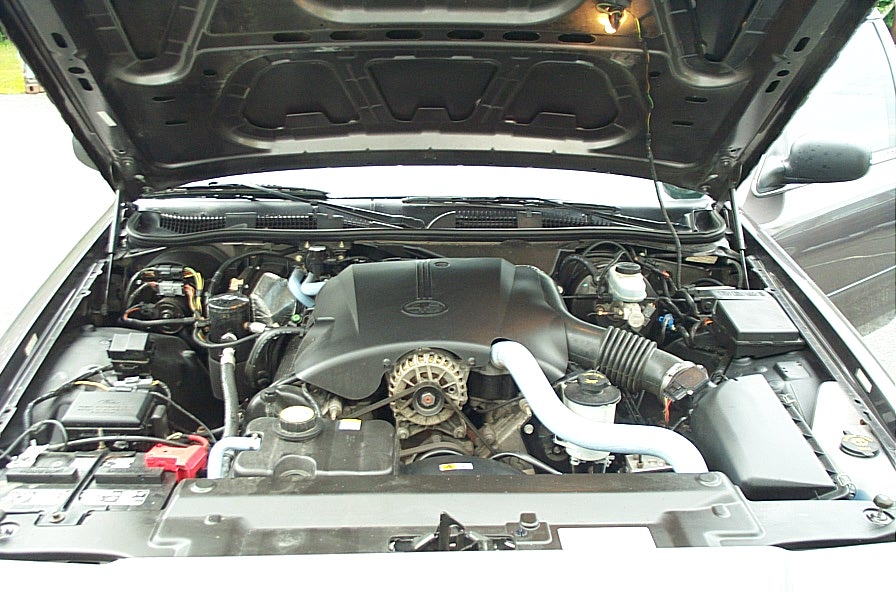 2001 Ford Crown Victoria engine bay with hood open, showing the 4.6L V8 engine and components