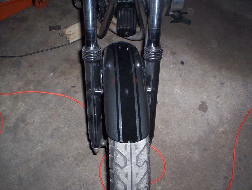 Motorcycle front fender with pinstripes between chrome fork tubes in a garage
