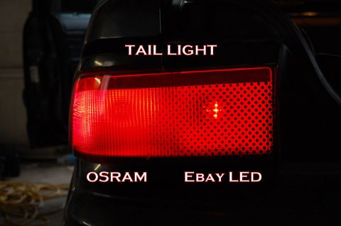 1985 Mercury Grand Marquis - Close-up of a rear tail light assembly, showing text labels for 'TAIL LIGHT', 'OSRAM', and 'EBAY LED'.