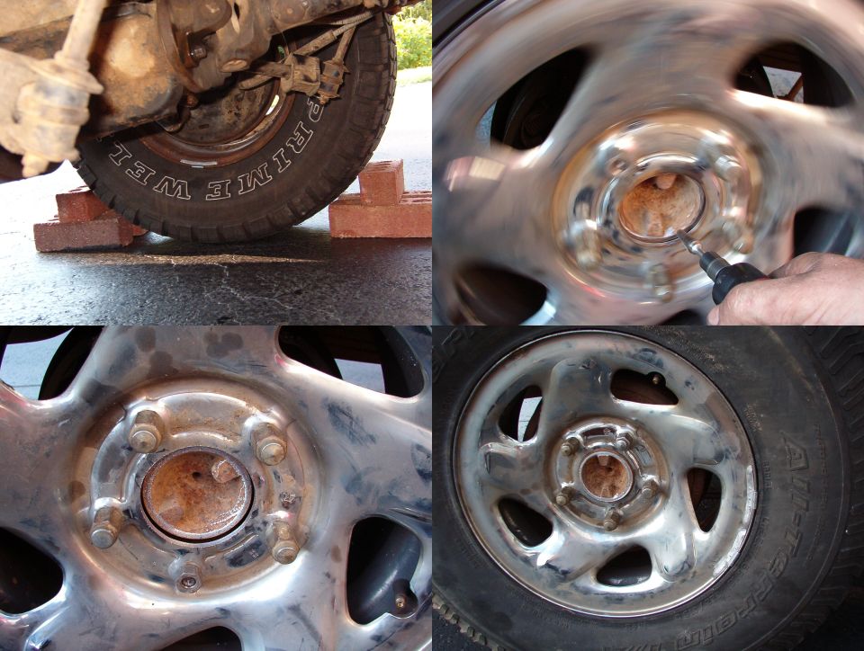 Four-panel collage of steel wheels being polished, on bricks and on a truck