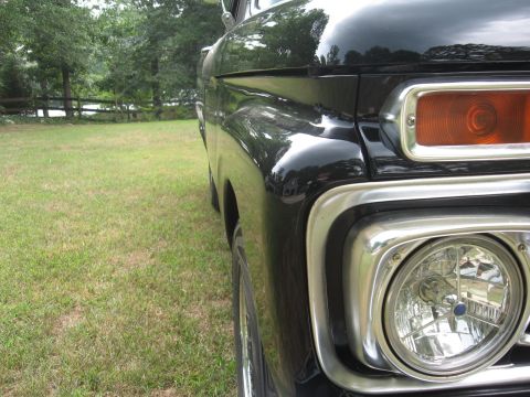 1966 Ford F-100 - The side of a black pickup truck is shown parked on a grassy area with trees in the background.