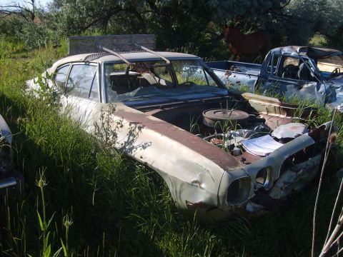 1971 Pontiac Lemans - Junkyard scene with a heavily damaged 1970s coupe and a pickup truck in the background.