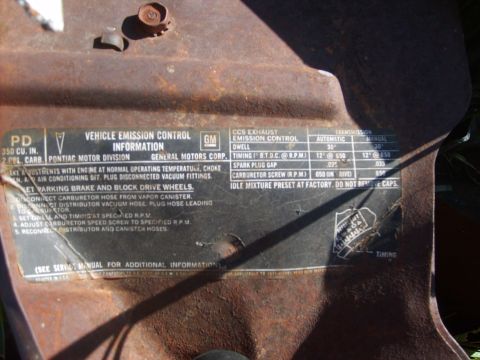 1971 Pontiac Lemans - This 1971 Pontiac emission control label provides engine specifications and adjustment procedures for the 350 cubic inch engine.