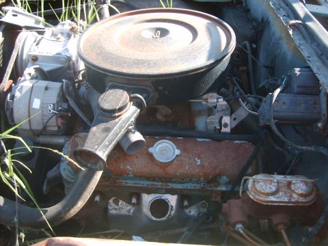 1971 Pontiac Lemans - Engine bay detail of a V8 motor, showing air cleaner and alternator. Weeds surround the engine.