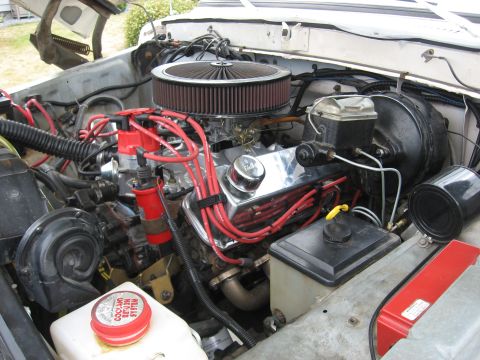 1979 Ford Bronco - Close-up view of a modified V8 engine, chrome accents and red ignition wires.