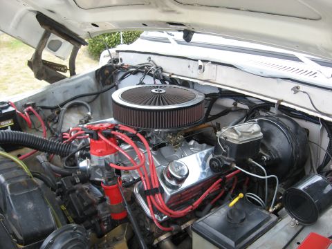 1979 Ford Bronco - The engine bay of a vehicle, showing the V8 engine components and wiring.