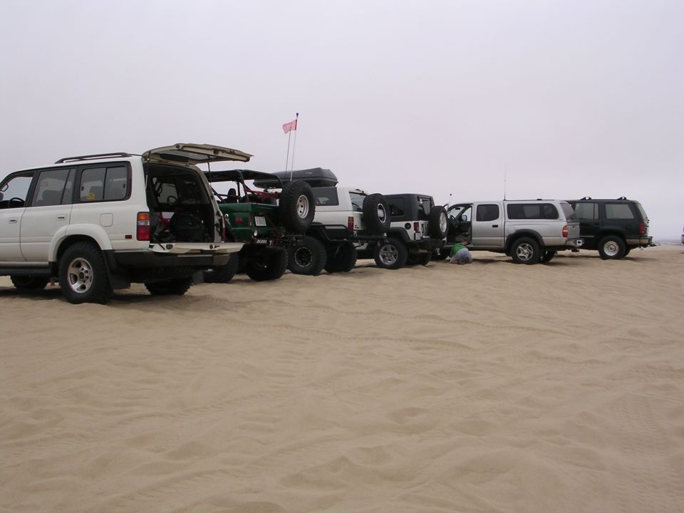 Several off-road vehicles parked in a line on a sandy beach under an overcast sky
