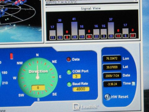 2001 Ford Crown Victoria - Leadtek GPS receiver software screen showing satellite signal strength, direction, and coordinates; not a vehicle technical document.