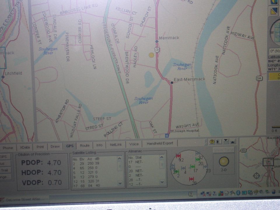 DeLorme Street Atlas map screen showing roads near Merrimack with GPS panel