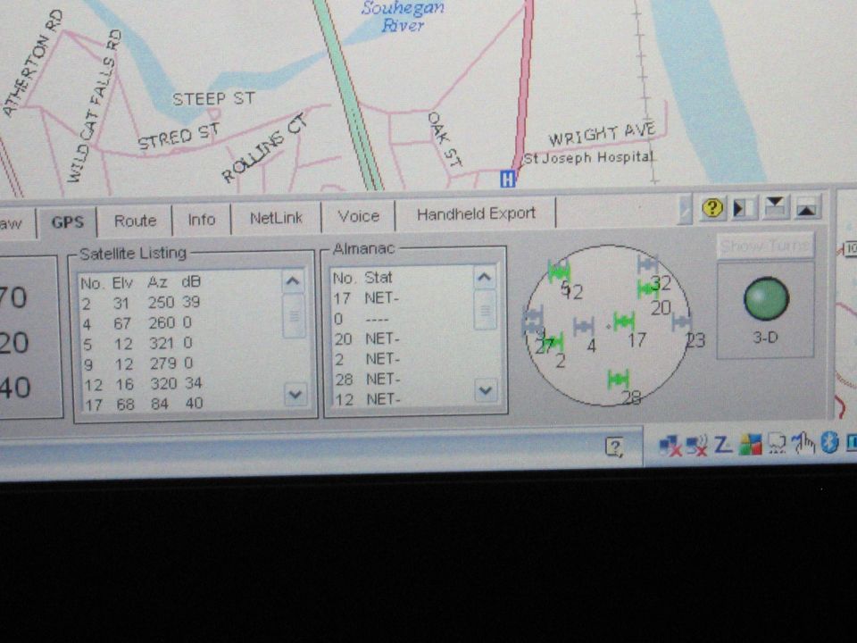 Screen showing GPS satellite data, including satellite listing and almanac, with a map in the background