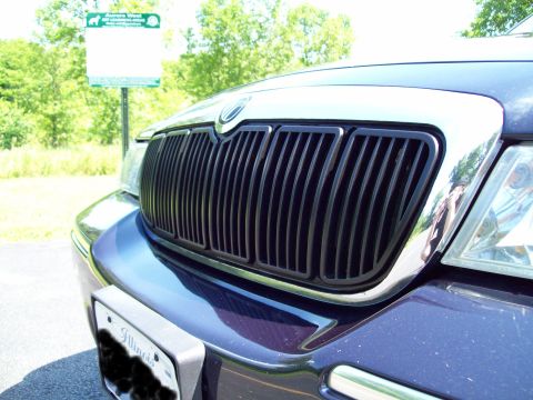 1999 Mercury Grand Marquis - The front grille of a dark blue sedan is shown, with a sign in the background.