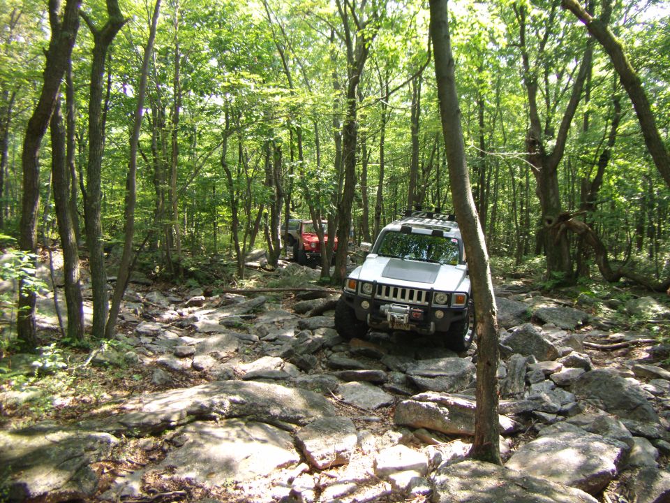 White Hummer H3 with roof rack and winch navigates a rocky forest trail, with a red off-road vehicle behind it