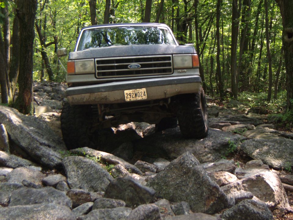 Ford F-Series truck with large tires navigating a rocky trail in a forest