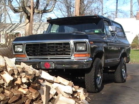 1990 Ford Bronco - This black Ford Bronco is parked in front of a pile of firewood.