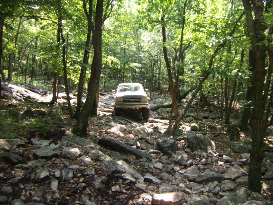 Truck driving on a rocky, wooded trail