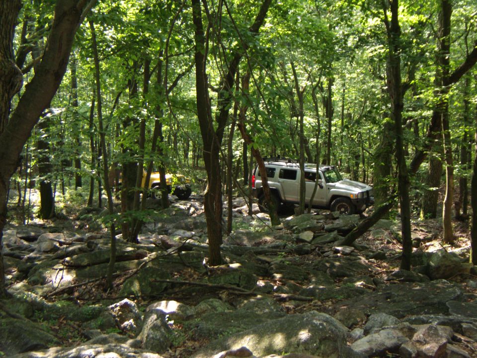 Silver SUV navigating a rocky, wooded trail. A yellow off-road vehicle is visible in the background