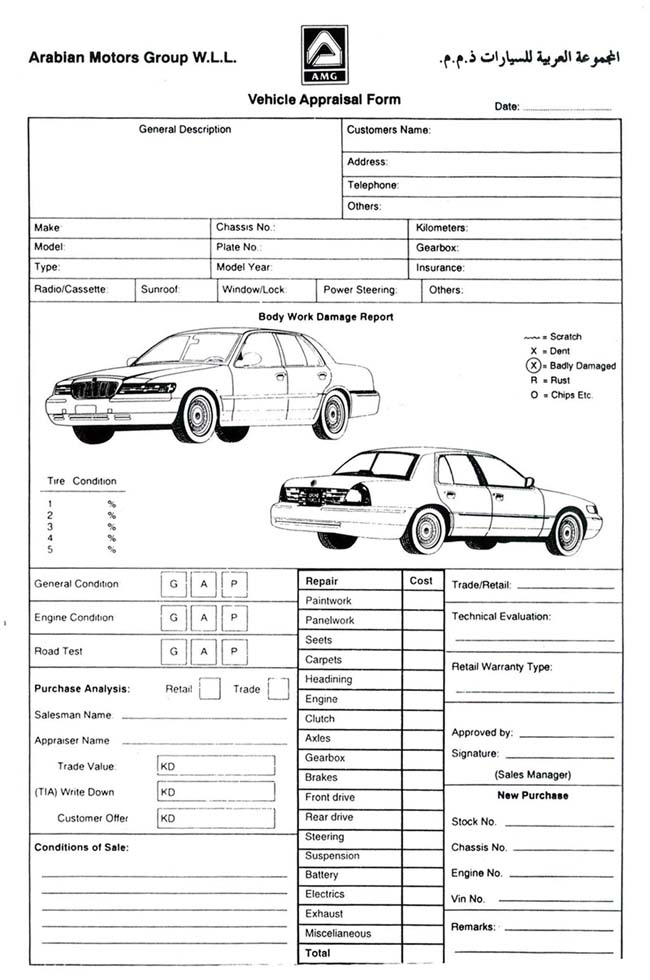 Arabian Motors Group vehicle appraisal form with sedan damage diagram and repair checklist