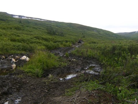 2000 Ford E350 - An ATV traverses a challenging muddy trail in a vast, green, and hilly terrain.